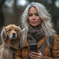 Woman With Silver Hair and Dog Using Smartphone While Outdoors in a Forested Area During a Cool Day in Autumn