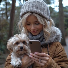Woman With Silver Hair and Dog Using Smartphone While Outdoors in a Forested Area During a Cool Day in Autumn