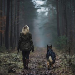 Woman Walking a German Shepherd in a Serene Autumn Forest Path Surrounded by Orange and Yellow Leaves Beneath a Peaceful Sky