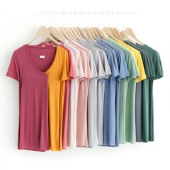 Display of Colorful T-Shirts Hanging on Hangers in a Well-Lit Setting Showcases Various Styles and Hues for Casual Wear and Everyday Comfort