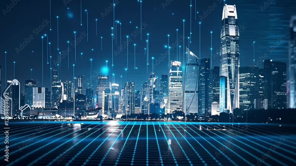 Poster high-tech futuristic smart city skyline at night with glowing digital data streams representing mode