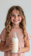 Joyful young girl holding a glass bottle of milk for healthy living inspiration