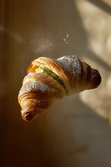 Croissant with powdered sugar on top and pistachio cream filling is flying through the air. Concept of lightness and playfulness, as if the croissant is defying gravity.