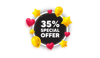 Discount picture frame banner. Circle photo frame. 35 percent discount offer tag. Sale price promo sign. Special offer symbol. 3d balloons as hearts, stars. Grain dots pattern. Vector