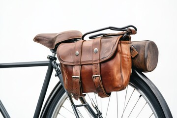 A sleek black bike with a vintage leather saddlebag against a minimalist background isolated on transparent background