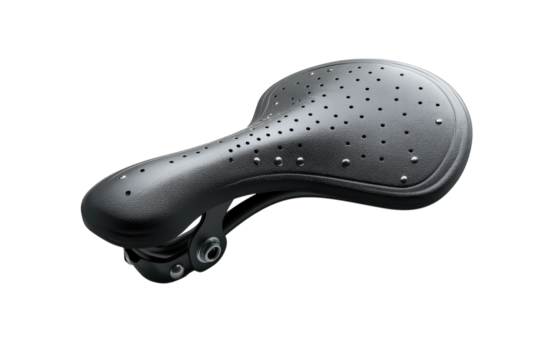 Black bicycle seat resting on a clean surface showcasing its sleek design and craftsmanship isolated on transparent background - Powered by Adobe