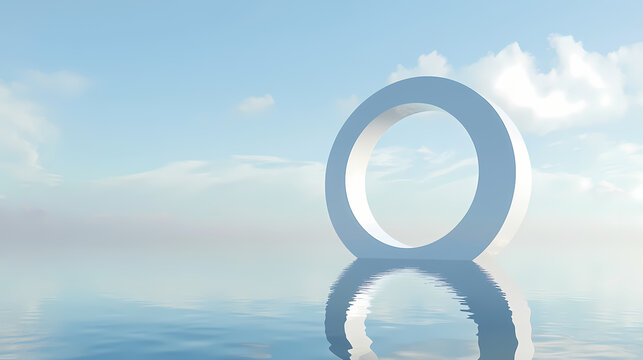 Abstract circular white structure floating on calm water, with blue sky reflection. Eldritch Sky Portals. Illustration
