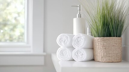 Rolled towels on white countertop by window, bathroom
