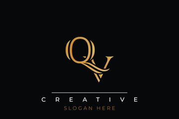 Sophisticated gold QV monogram logo on a sleek black background, ideal for branding, creative design, and luxurious themes.