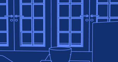 Blueprint line drawing interior living room double doors simple lines dark blue background minimalistic design 