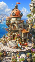 Fantasy seaside tower, charming shop, scenic mountains, seaside views, travel destination
