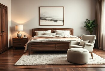 Cosy bedroom interior with rich wood tones and plush textiles