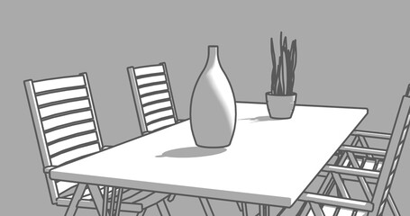 Simple line art drawing empty table chairs vase potted plant gray background black outline