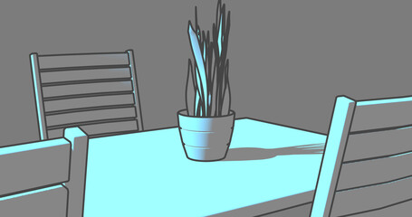 Blue plant shadow table line art cartoon style shadows gray background black outlines 3D model...