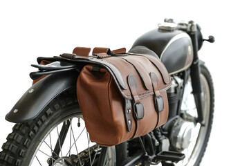 A vintage motorcycle with a stylish leather saddlebag ready for an adventure on open roads isolated on transparent background