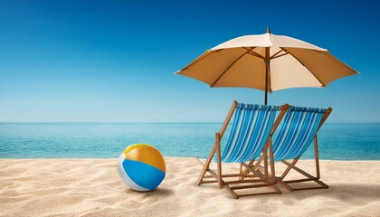 beach chair blue umbrella and ball summer holiday time to travel concept