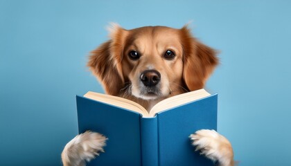 dog reading a blue book against light blue background
