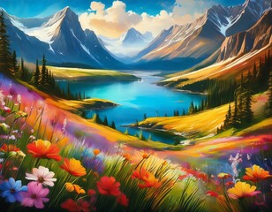 a vibrant landscape painting in an impressionist style depicting a peaceful mountain scene with coloruful flowers and lake