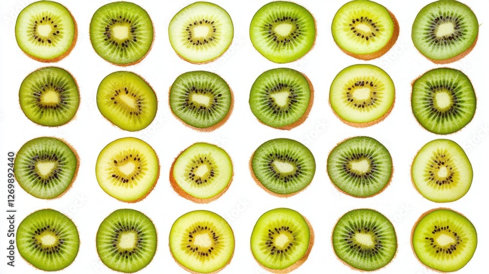 Poster a cheerful arrangement displays an array of kiwi slices, capturing the diverse hues and patterns fou
