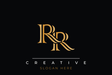 Sophisticated gold RR monogram logo on a sleek black background, ideal for branding, creative design, and luxurious themes.