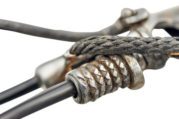 Intricate details of a weathered climbing harness macro shot showcasing strength and adventure isolated on transparent background