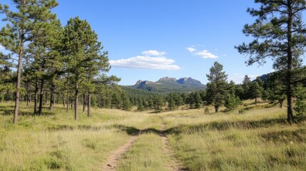 Obraz premium Scenic view of a dirt path leading through a lush forest towards distant mountains under a clear sky