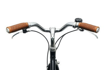 Stylish close-up of vintage bike handlebars with brown grips against a white background isolated on transparent background