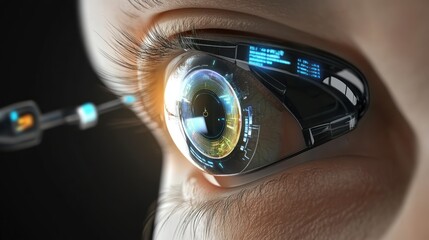 Biometric Interface: A futuristic close-up of a cybernetic eye implant enhancing human vision with advanced technology.