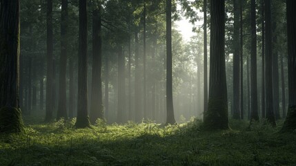 Fototapeta premium Serene forest landscape with towering trees, soft light filtering through foliage, and lush undergrowth