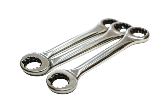 Shiny combination wrenches neatly arranged on a white background for mechanical tasks and repairs isolated on transparent background