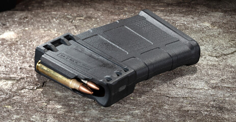 Loaded 10-round polymer magazine on a large stone