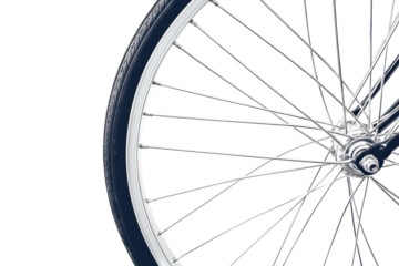 A close-up of a bicycle wheel spinning in sunlight, showcasing its intricate design isolated on transparent background
