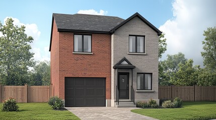Obraz premium New home. Dual brick exterior with a garage. Sunny backdrop with blue sky for real estate use