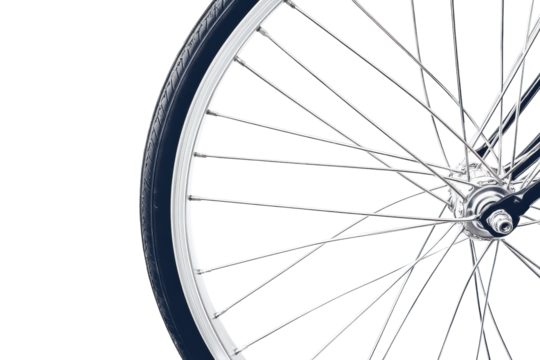 A close-up of a bicycle wheel spinning in sunlight, showcasing its intricate design isolated on transparent background