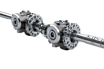 Detailed metallic drivetrain part highlighting precise engineering in bright light isolated on transparent background