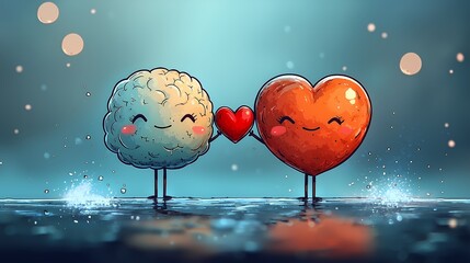 Heart and Mind in Harmony: A whimsical and heartwarming illustration of a heart and a brain, each with adorable smiling faces, holding hands in a tender embrace.