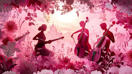 Obraz premium Pink papercut musicians in a floral landscape. Celestial Shipyards. Illustration