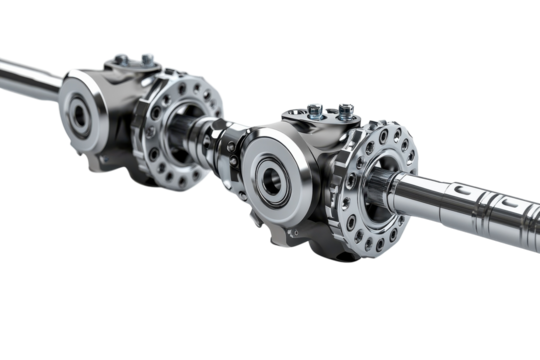 Detailed metallic drivetrain part highlighting precise engineering in bright light isolated on transparent background