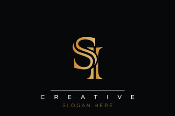 Sophisticated gold SI monogram logo on a sleek black background, ideal for branding, creative design, and luxurious themes.