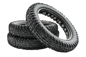 Three robust motorcycle tires stacked artistically for a striking display on a pristine background isolated on transparent background