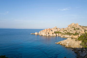 The rocks on the Mediterranean Sea shore at Capo Testa in Europe, Italy, Sardinia, Capo Testa, in summer, on a sunny day.