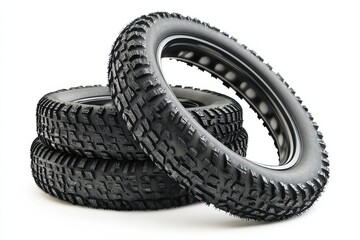 Three robust motorcycle tires stacked artistically for a striking display on a pristine background isolated on transparent background