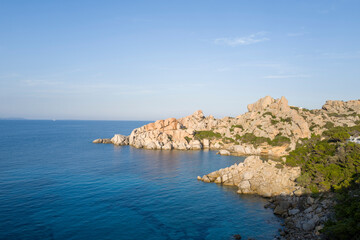 The rocks on the Mediterranean Sea shore at Capo Testa in Europe, Italy, Sardinia, Capo Testa, in summer, on a sunny day.
