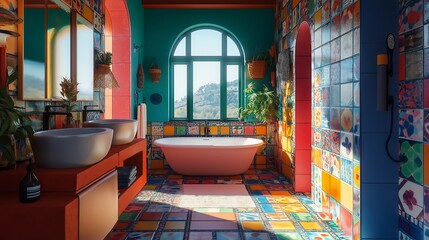 A colorful bathroom with bold patterned tiles, unique fixtures, and an artistic vibe.