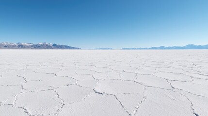 Vast white salt flats under a clear sky, distant mountains. Possible use Nature photography