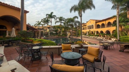 Fototapeta premium Stunning Resort Poolside Patio with Mediterranean Style Architecture