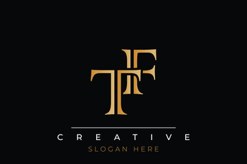 Sophisticated gold TF monogram logo on a sleek black background, ideal for branding, creative design, and luxurious themes.