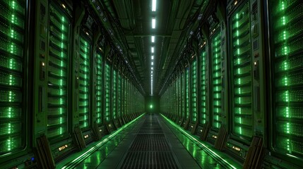 Green-lit futuristic server room corridor
