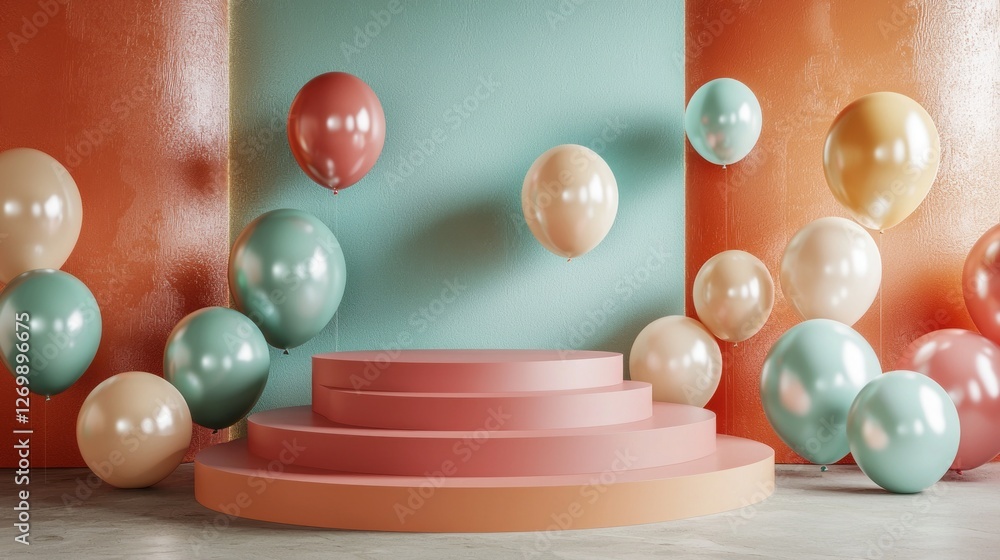 Aufkleber a vibrant podium stage featuring multiple layers in soft pastel shades serves as the focal point. su