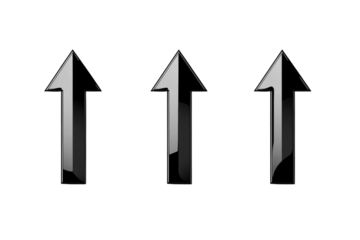 Three glossy black arrows pointing upward against a minimalist white background in a modern design isolated on transparent background